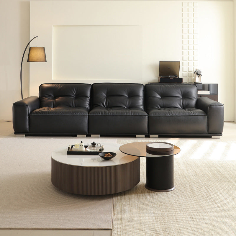 Italian normcore genuine leather sofa large apartment living room large black cow sofa 2025 new arrivalretro black diamond sofa