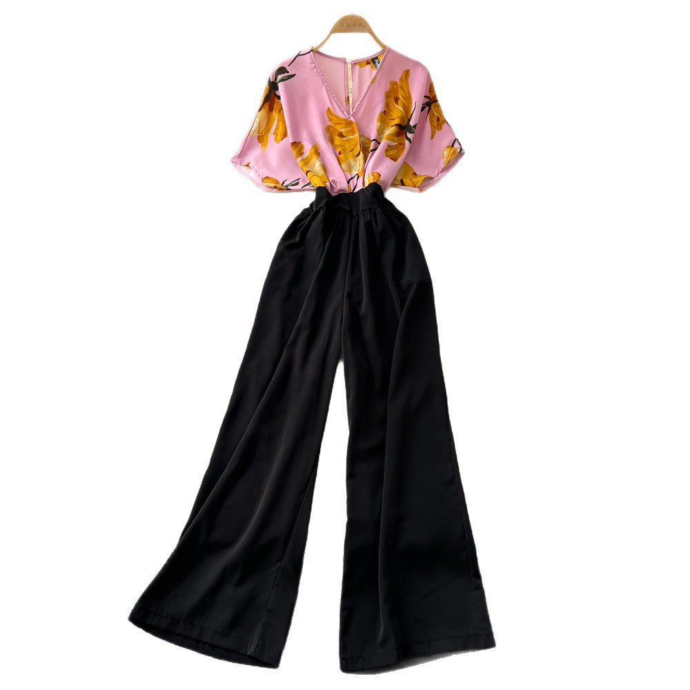 Korean style commute v-neck printed jumpsuit - women's summer high-waisted wide-leg slimming and flattering trousers