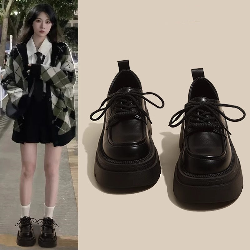 British style women's leather loafers - new autumn/winter 2026 collection - height increasing chunky sole black mary janes with lace-up closure