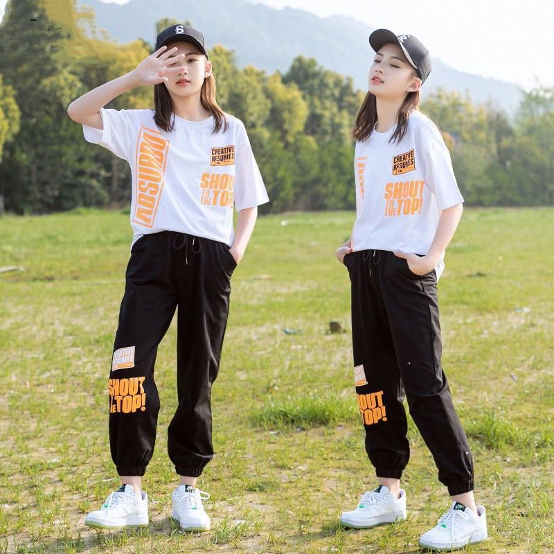 Girls' summer outfit : kids' activewear for 14-year-old girls (mid-to-large size), fashionable 0.75kg-piece set with short sleeves