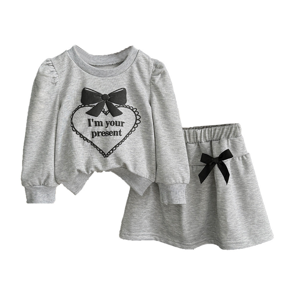 Korean style loose fit slimming heart print bowknot long sleeve sweatshirt set - women's spring/autumn sweet & cute two-piece outfit