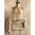 Women's summer sexy vacation see-through asymmetrical one-shoulder long sleeve top with solid color midi skirt (accessories not included)