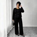 Exportfashion socialite style plus size suit beaded round neck single-breasted short topsloosehigh waist wide leg pants