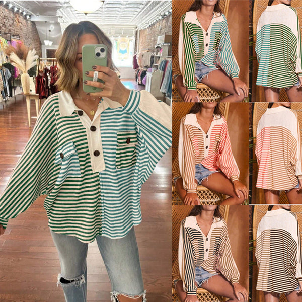 2025  Europe, America,  retro street lazy wind loose striped polo shirt pullover long-sleeved top