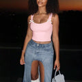 Exportfashion cross-border pink bows decorative camisole women's short silmsweet inner wear tops