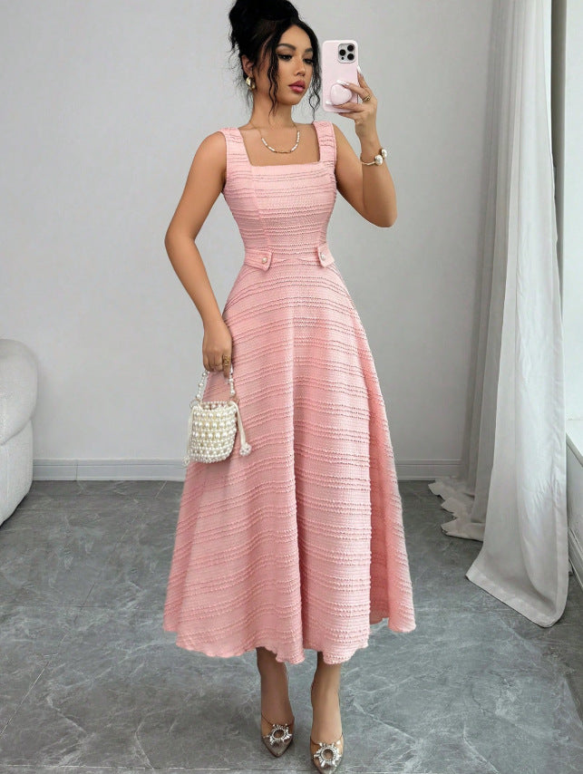 summer new arrival: elegant pink crew neck sleeveless knit dress with rhinestone button accents and openwork crochet detail