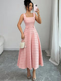 summer new arrival: elegant pink crew neck sleeveless knit dress with rhinestone button accents and openwork crochet detail