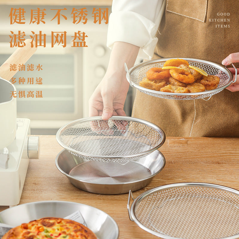 Stainless steel oil filter pan - kitchen oil draining tray for frying, baking, and grilling - includes filter mesh