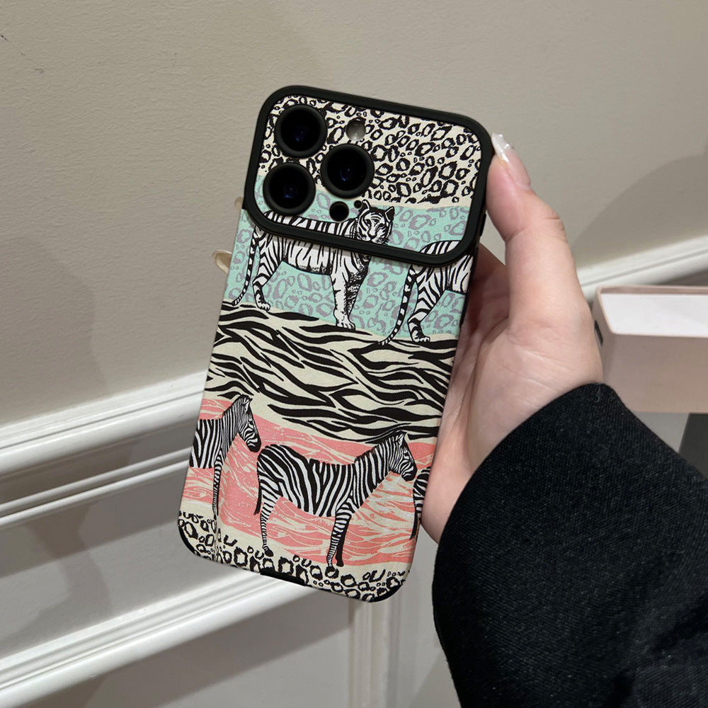 American retro zebra leopard print case for apple iphone 17 plus large window soft shell iphone 16 animal print patchwork phone case