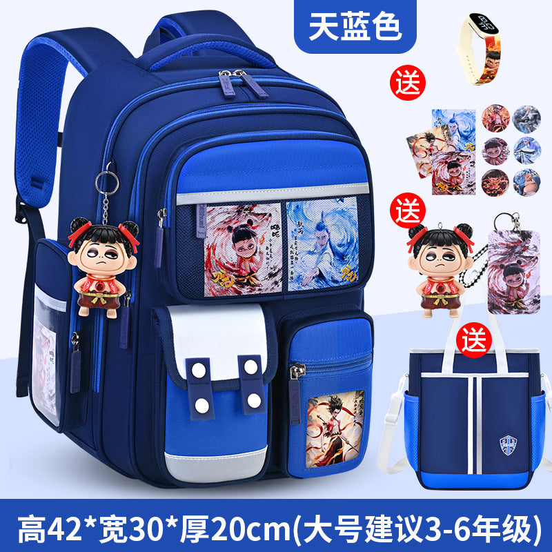 New nezha backpack for boys and girls, grades 1-6: spine protection, lightweight design, and extra-large capacity