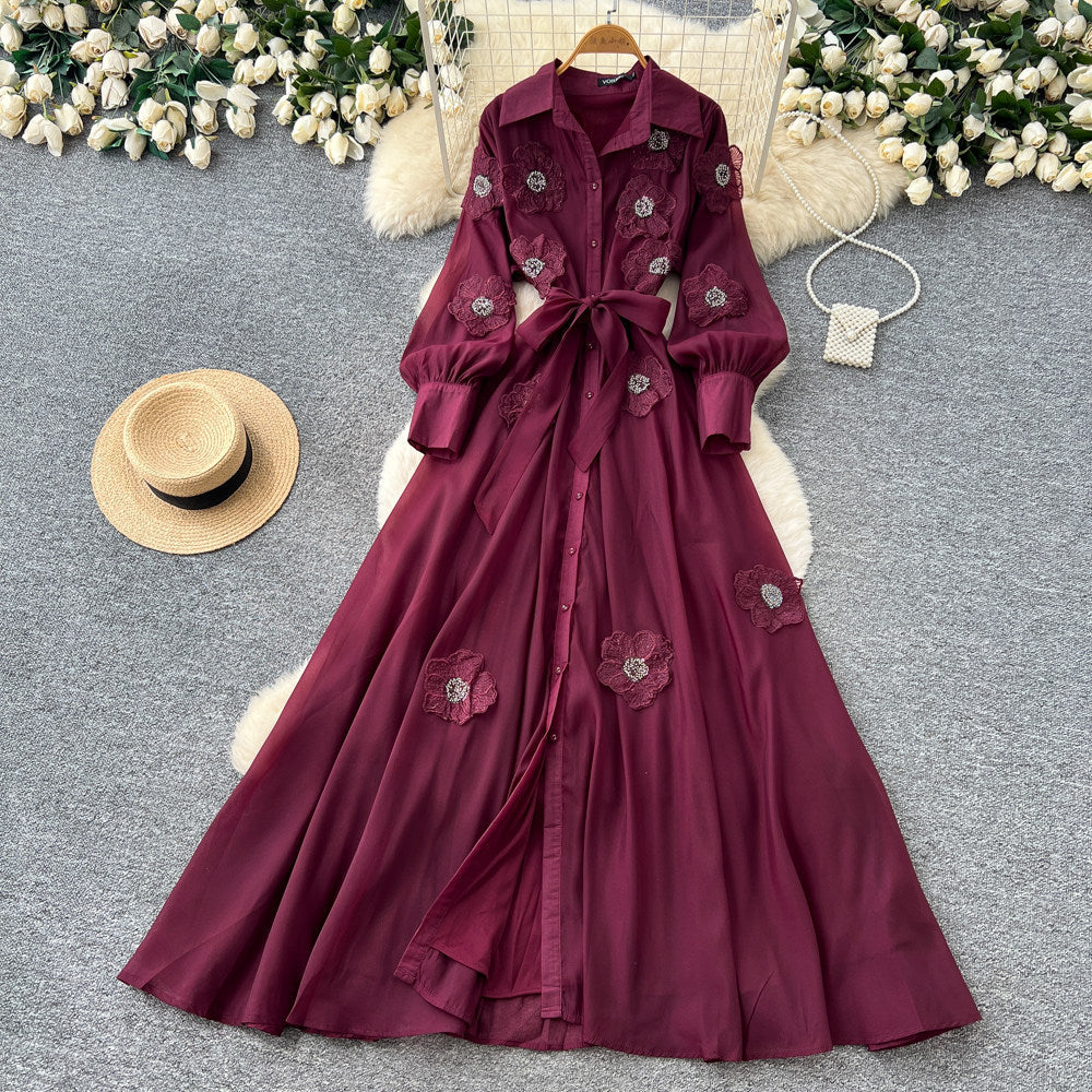 Frenchelegant heavy industry flower embroiderlong sleevesdress women's summerk-style strap waist slimming lookelegant long skirt