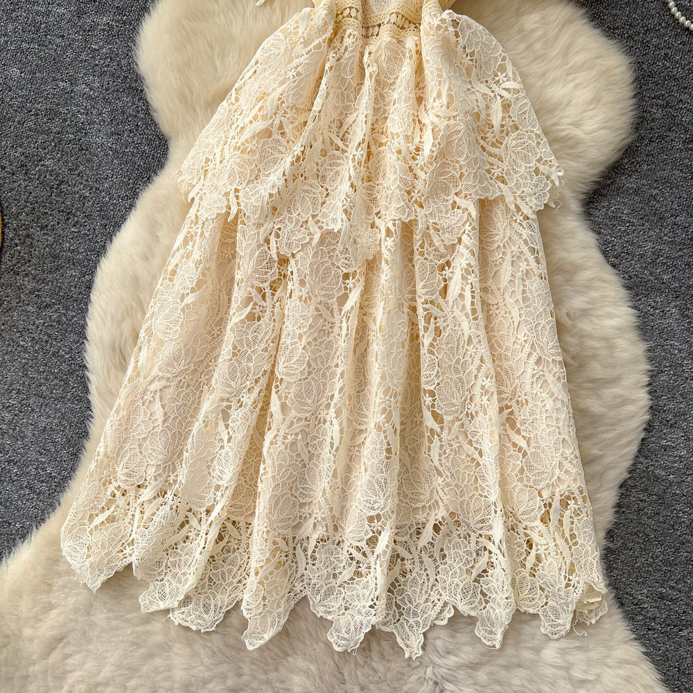 Korean style socialite retro short-sleeve dress - women's summer hollow-out crochet waist design - mature & chic midi dress