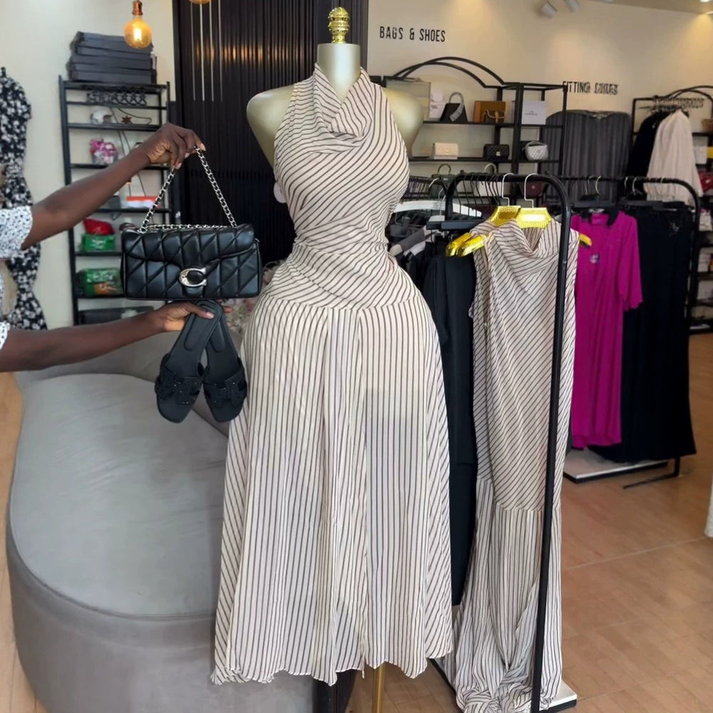 European and american cross-border women's fashion:  summer new arrival - elegant and chic scoop neck, slim-fit, sleeveless striped dress