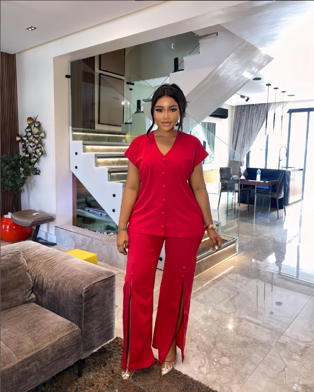 European and american cross-border women's fashion:  autumn/winter new collection - solid color v-neck single-breasted top and slit wide-leg pants two-piece set
