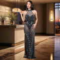 C6957 cross-border   fashion women's sexy mesh rhinestone halter bodycon dress