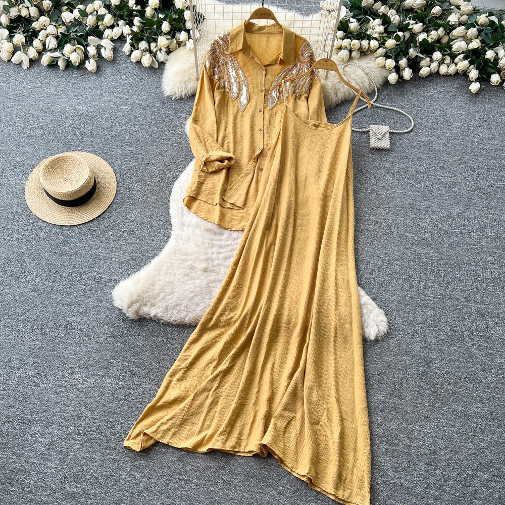 French lazy style heavy industry embroidered beaded lapel shirt suspender dress for women 2026autumtwo-piece setelegantslimming look
