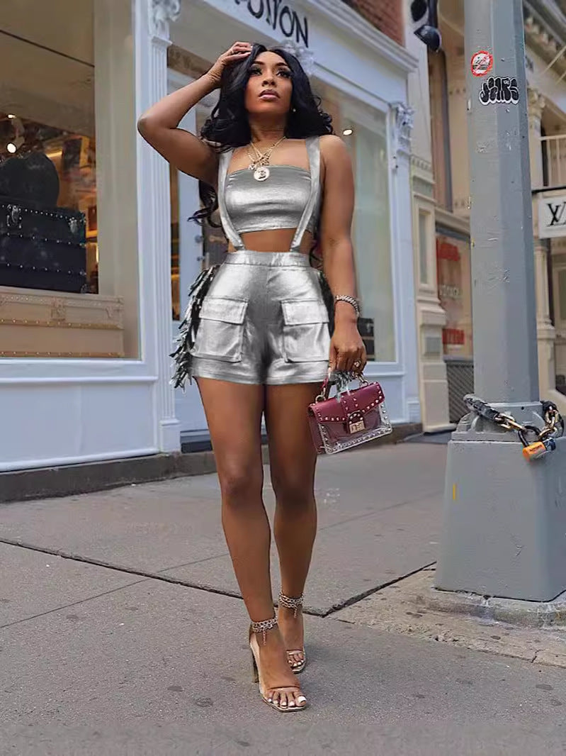 e-commerce source factory: european and american style sexy metallic bandeau top with tassel strap shorts fashion set