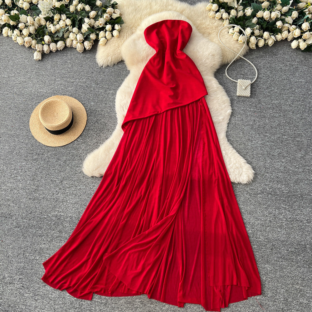 French red bandeau mesh patchwork dress - women's summer cinched waist slimming a-line maxi dress - high-end, elegant, and chic