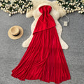 French red bandeau mesh patchwork dress - women's summer cinched waist slimming a-line maxi dress - high-end, elegant, and chic