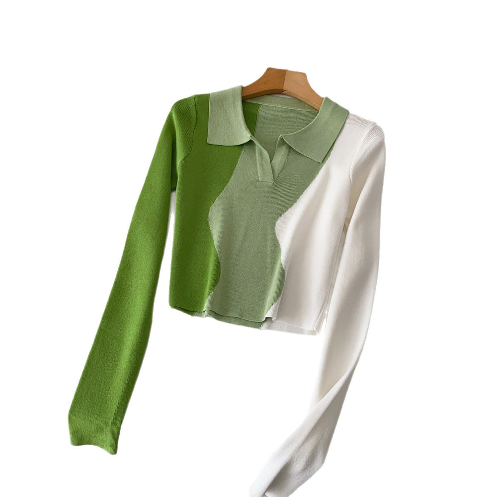 Niche stylesense of designretrofashion color matching polo collar long sleevesknitting shirt women's autumslimslimming lookshorttops