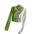 Niche stylesense of designretrofashion color matching polo collar long sleevesknitting shirt women's autumslimslimming lookshorttops