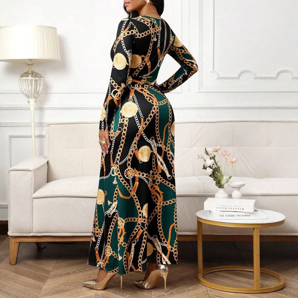 Women's elegant chain print v-neck tie-waist bodycon maxi dress, spring/autumn collection