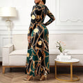 Women's elegant chain print v-neck tie-waist bodycon maxi dress, spring/autumn collection