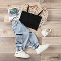 Export cross-border high-quality children's clothing round neck lace lace suspender workwearjeans children's suit