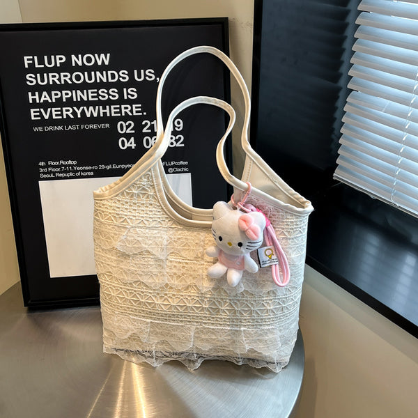 Tote bag women's 2025 new large-capacity commuter bag summer versatile shoulder bag fashion lace edge commuter bag