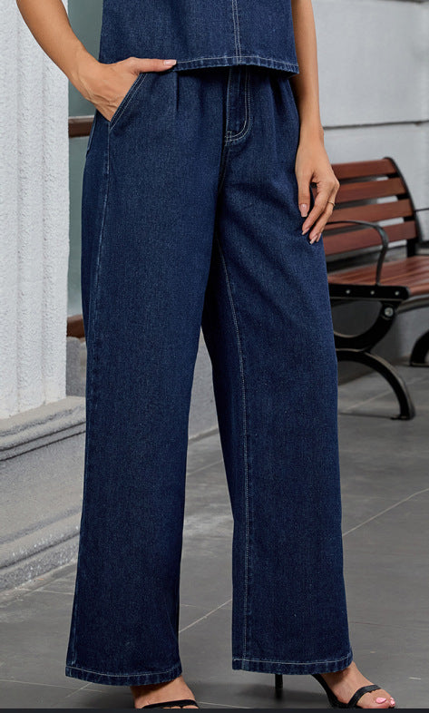 European and american cross-border e-commerce women's autumn new arrivals:  independent store washed solid color denim top and pants set