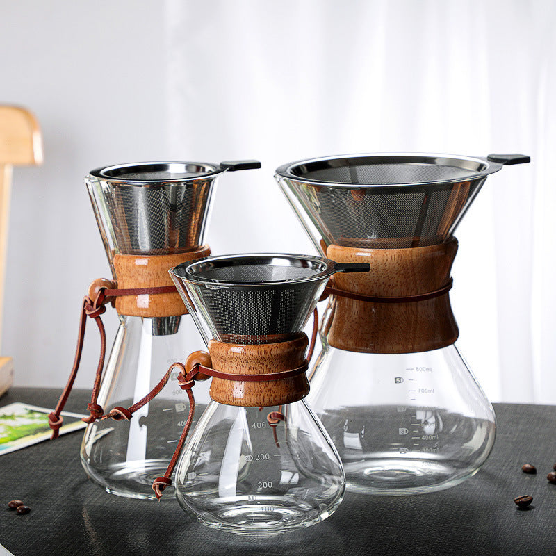 Wood chip hand-brewed coffee pot, high borosilicate glass coffee sharing pot, coffee filter cup, outdoor hand-brewed pot, chemex pot