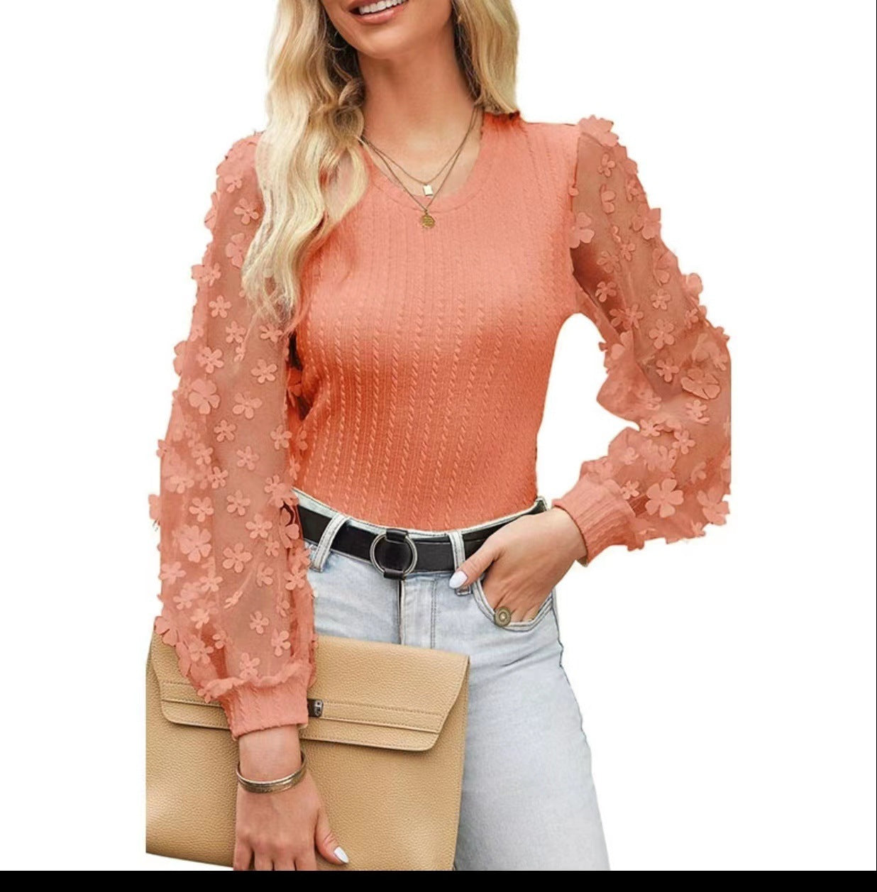 European and American  women's clothing, mesh floral chiffon shirt women's 2024 spring and summer round neck thin pullover long-sleeved top