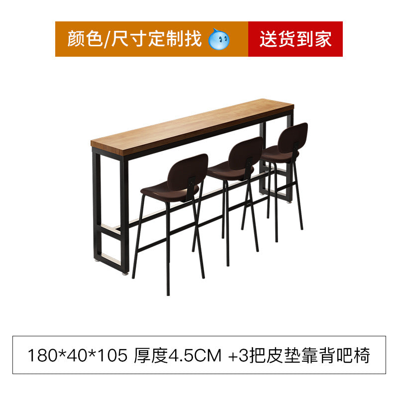 Bar table and chair combination Industrial style wrought iron solid wood bar High foot milk tea shop Cake shop Narrow table against the wall