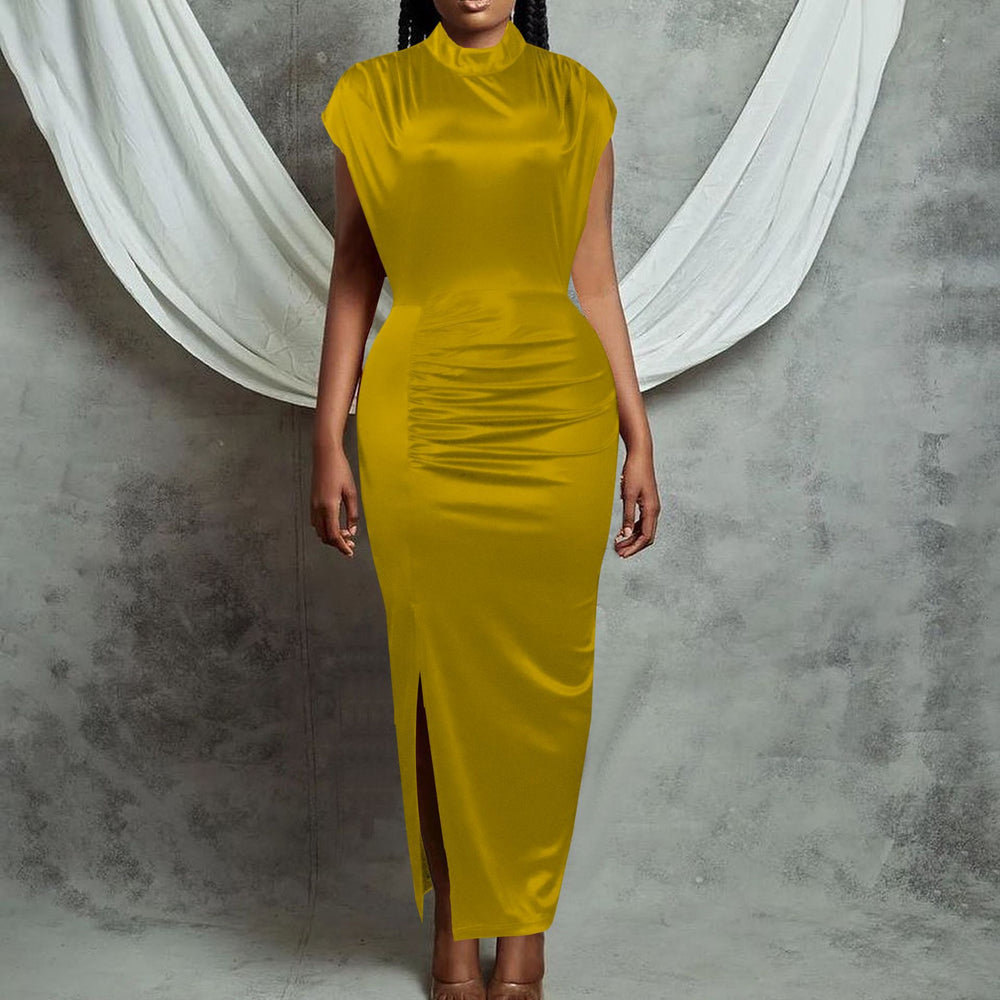 D261  european and american women's clothing  new elegant sheer dress long slit pleated cross-border dress