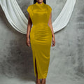 D261  european and american women's clothing  new elegant sheer dress long slit pleated cross-border dress