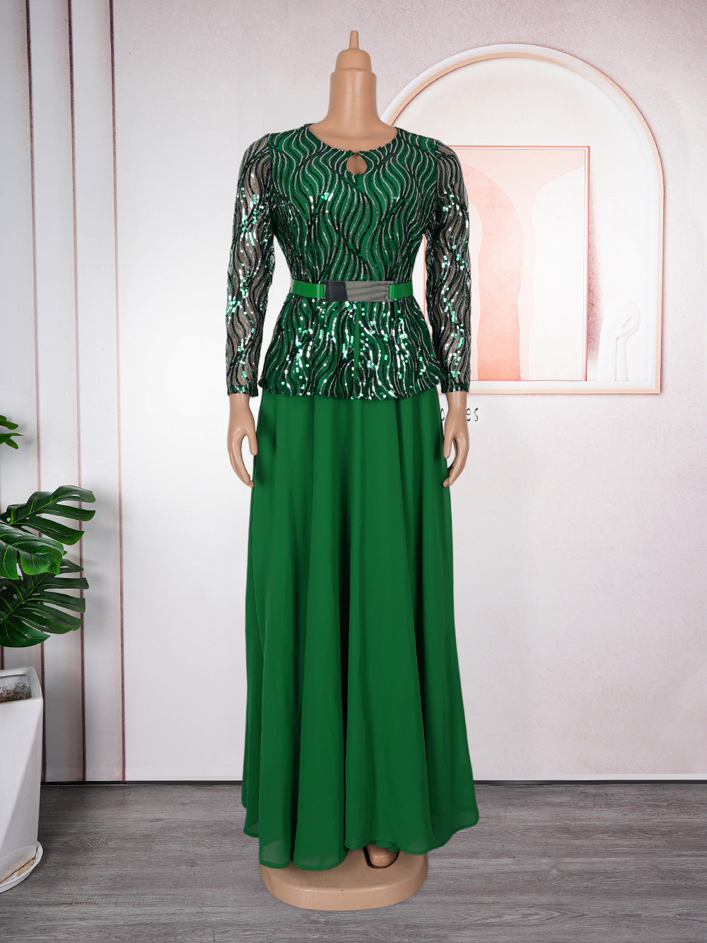 e-commerce  sequin banquet party dress long gown african women's plus size dress with belt