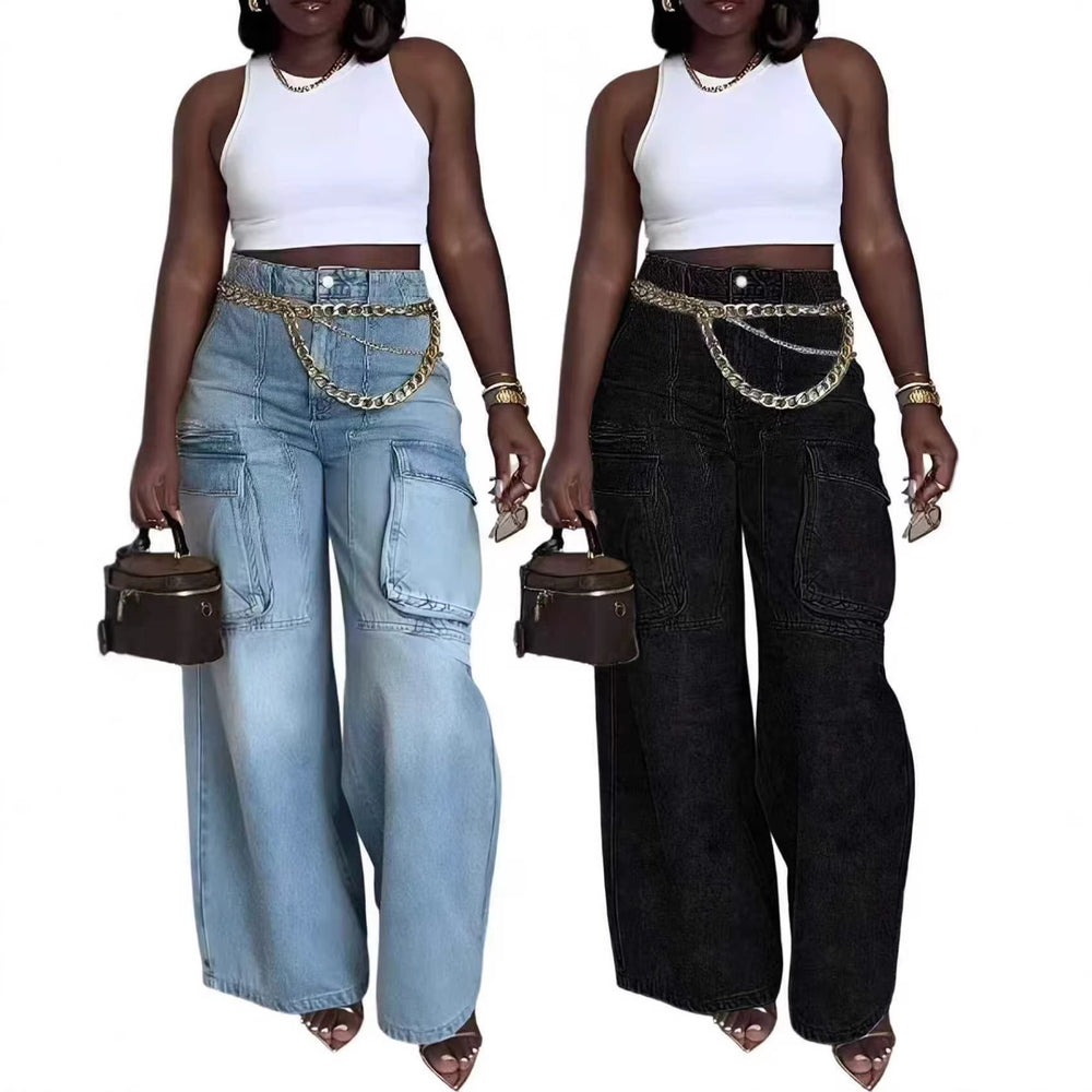 new european and american cross-border  independent station foreign trade women's pants workwear pocket fashion jeans women