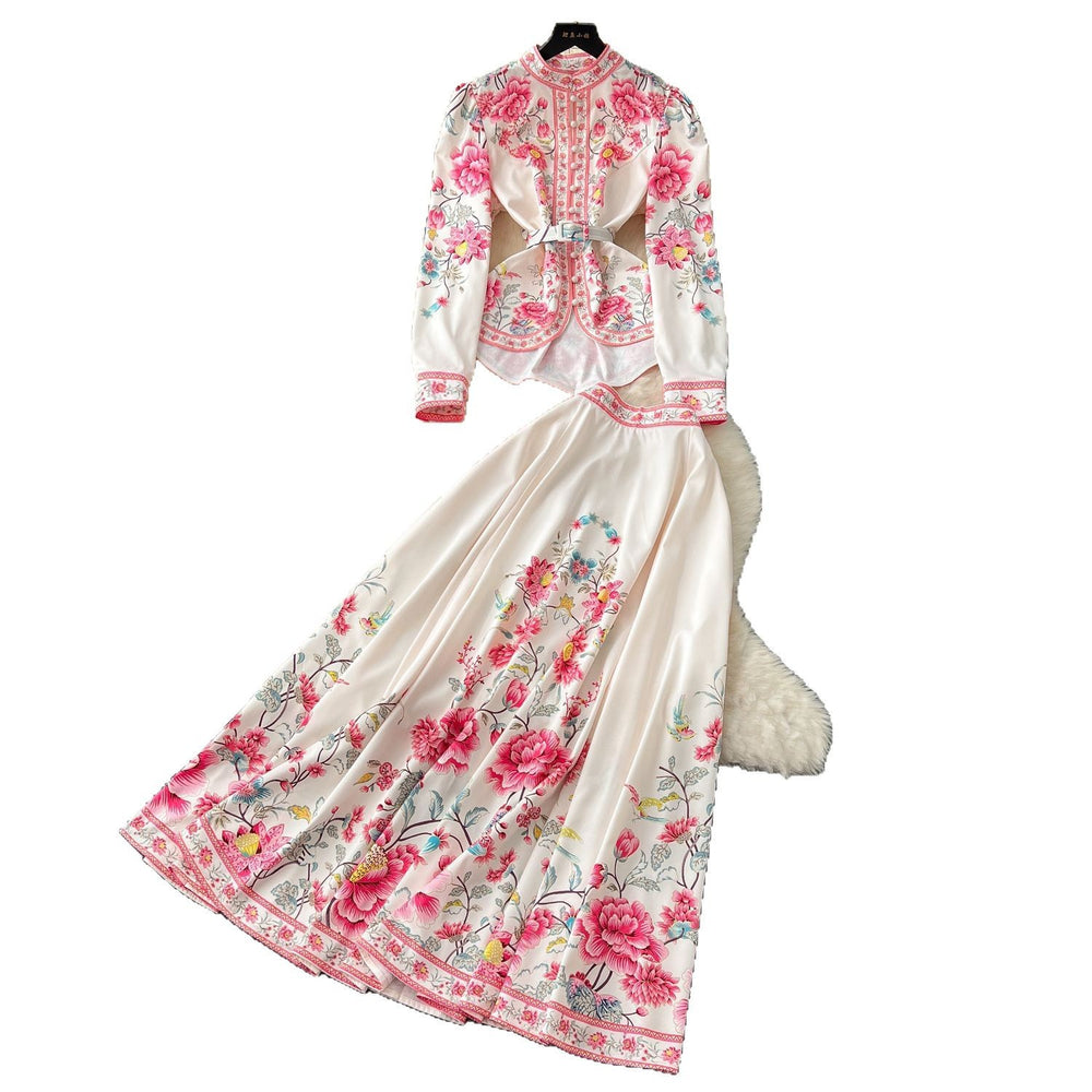 Palace style suit skirt for women new arrivalfrench waist puff sleeve printingtopshigh waist large hem long skirt