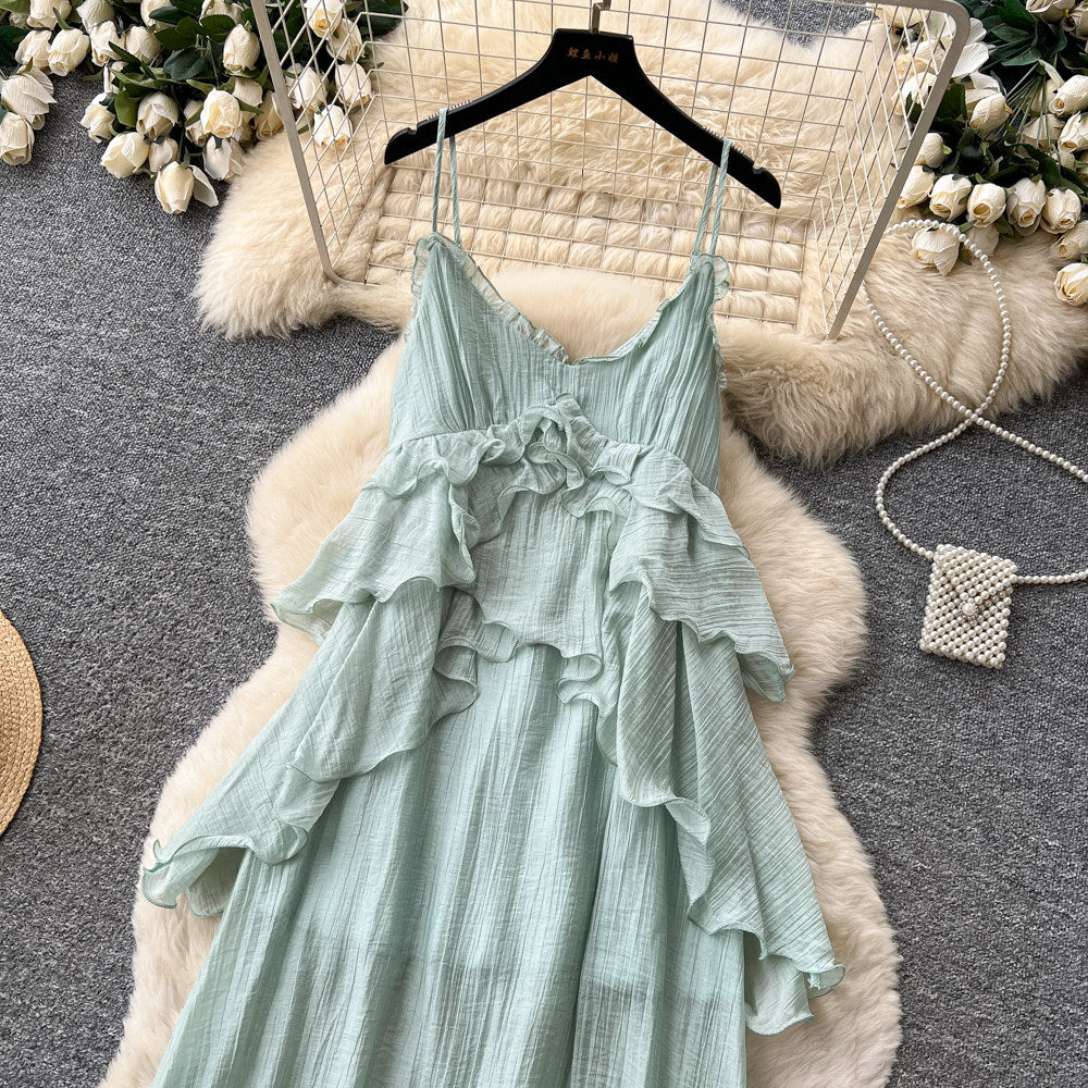 Vacation style halter suspender pure lust style dress women's summerk-stylerufflesv neckhigh waistslimming look long skirt