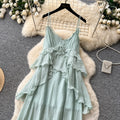 Vacation style halter suspender pure lust style dress women's summerk-stylerufflesv neckhigh waistslimming look long skirt