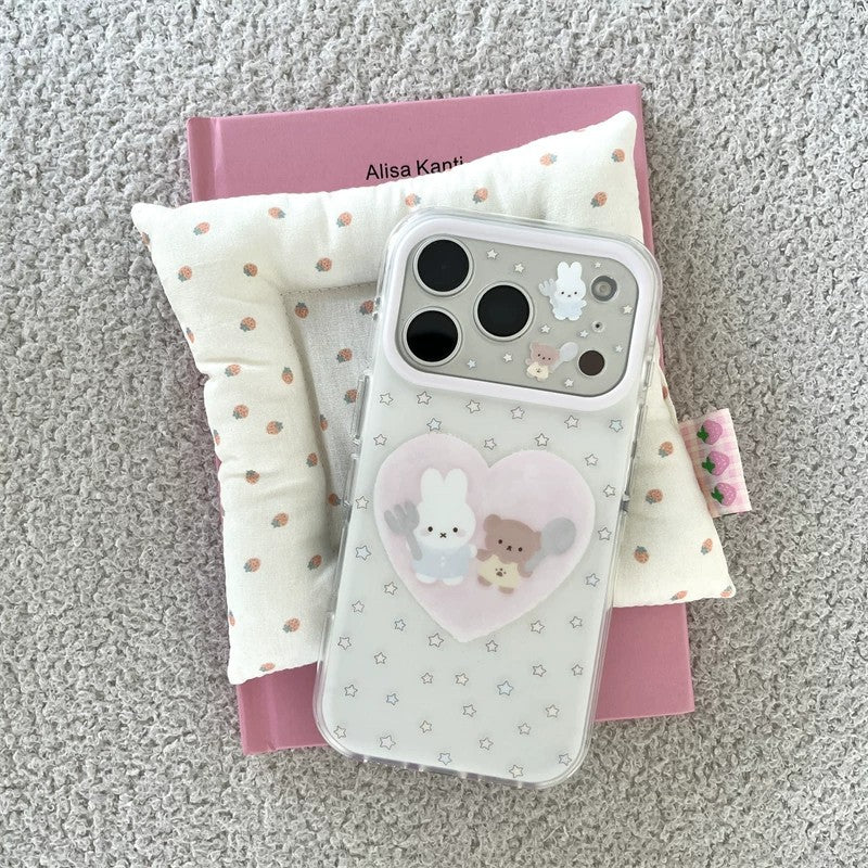 Large view white border phone case for iphone 18, apple 17 pro max - star, heart, rabbit, and bear design protective cover