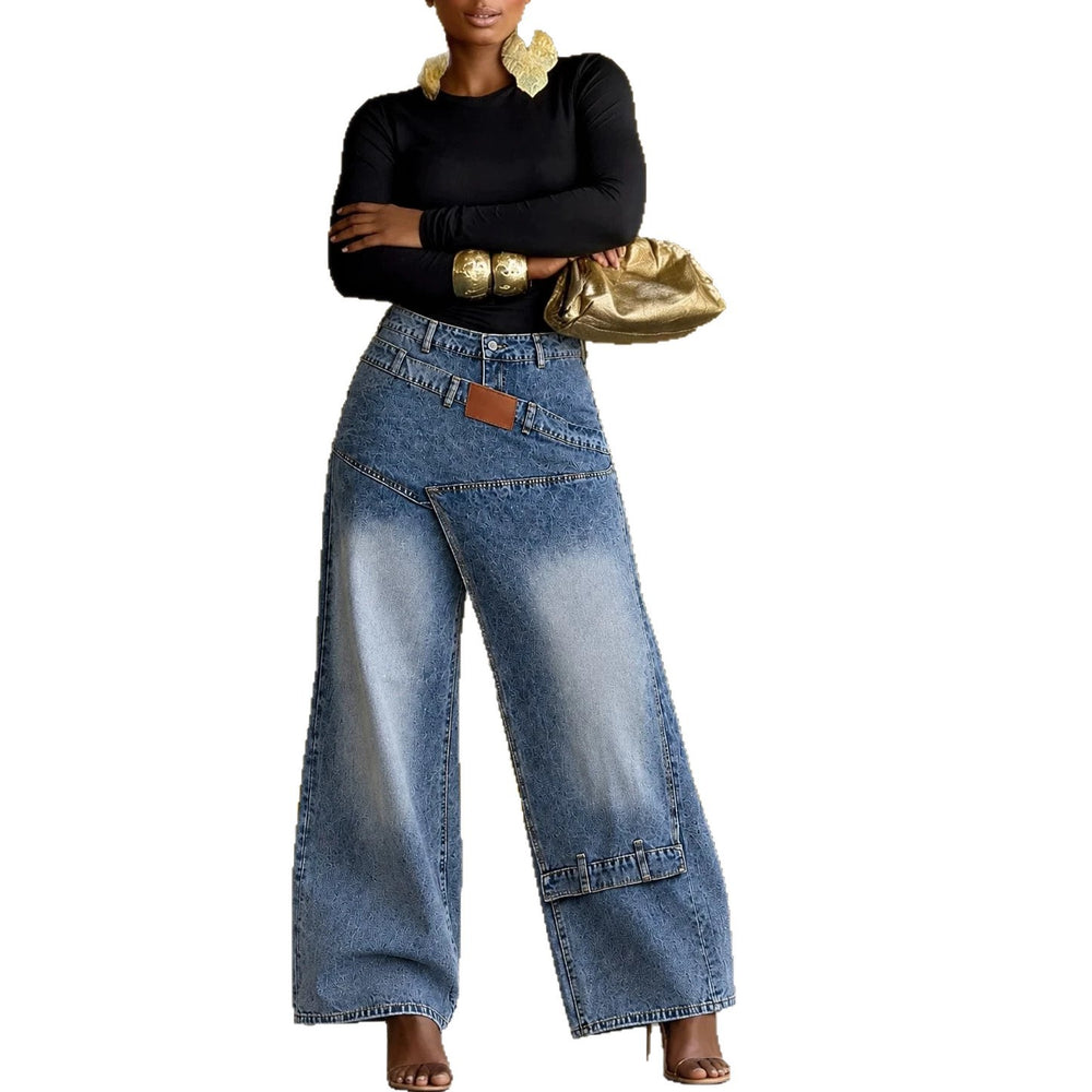 Fashionjeans women's polished diagonal wrap wide-leg mopretro washed leather label niche style trendy denim pants