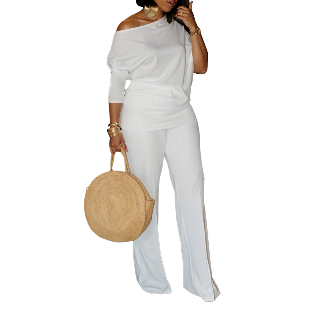 D3298 women's foreign trade  autumn fashion solid color asymmetrical neck top wide leg pants african cross-border set