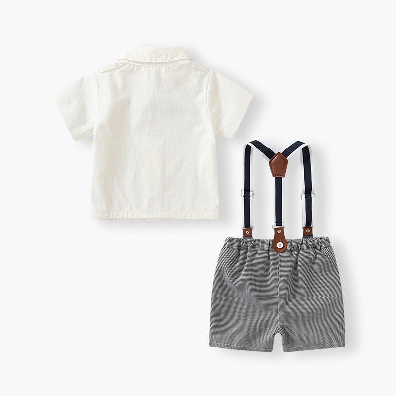 Korean style boys' formal wear  summer new collection: gentleman's two-piece outfit - white short-sleeve shirt and shorts set for special occasions