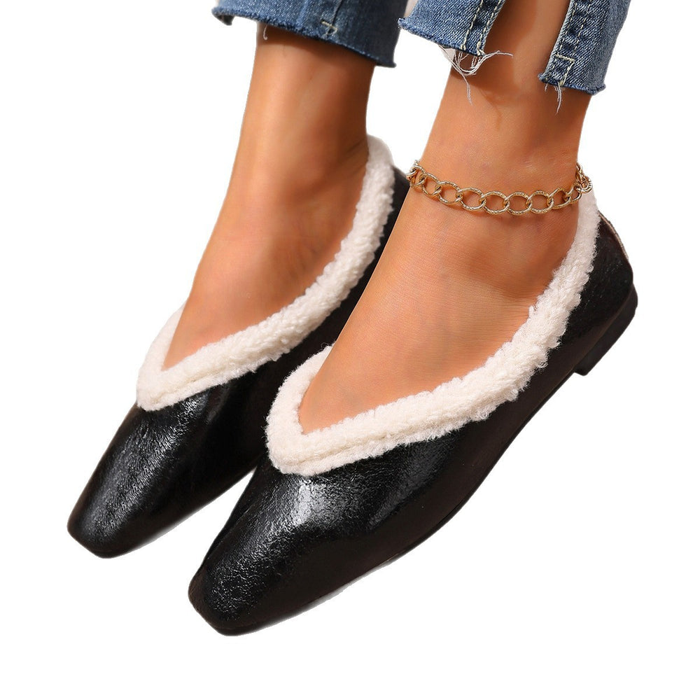 Export square toe fleece-linedthickenedheattech cotton shoes for women winternew arrivalplus size cross-border flatsflatsflats shoes