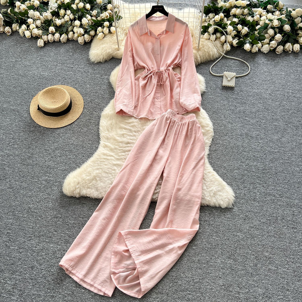 Light mature style wear women's summer wear sense of design drawstring straps waist long sleevesshirt high waist wide leg straight-leg pants suit