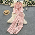 Light mature style wear women's summer wear sense of design drawstring straps waist long sleevesshirt high waist wide leg straight-leg pants suit