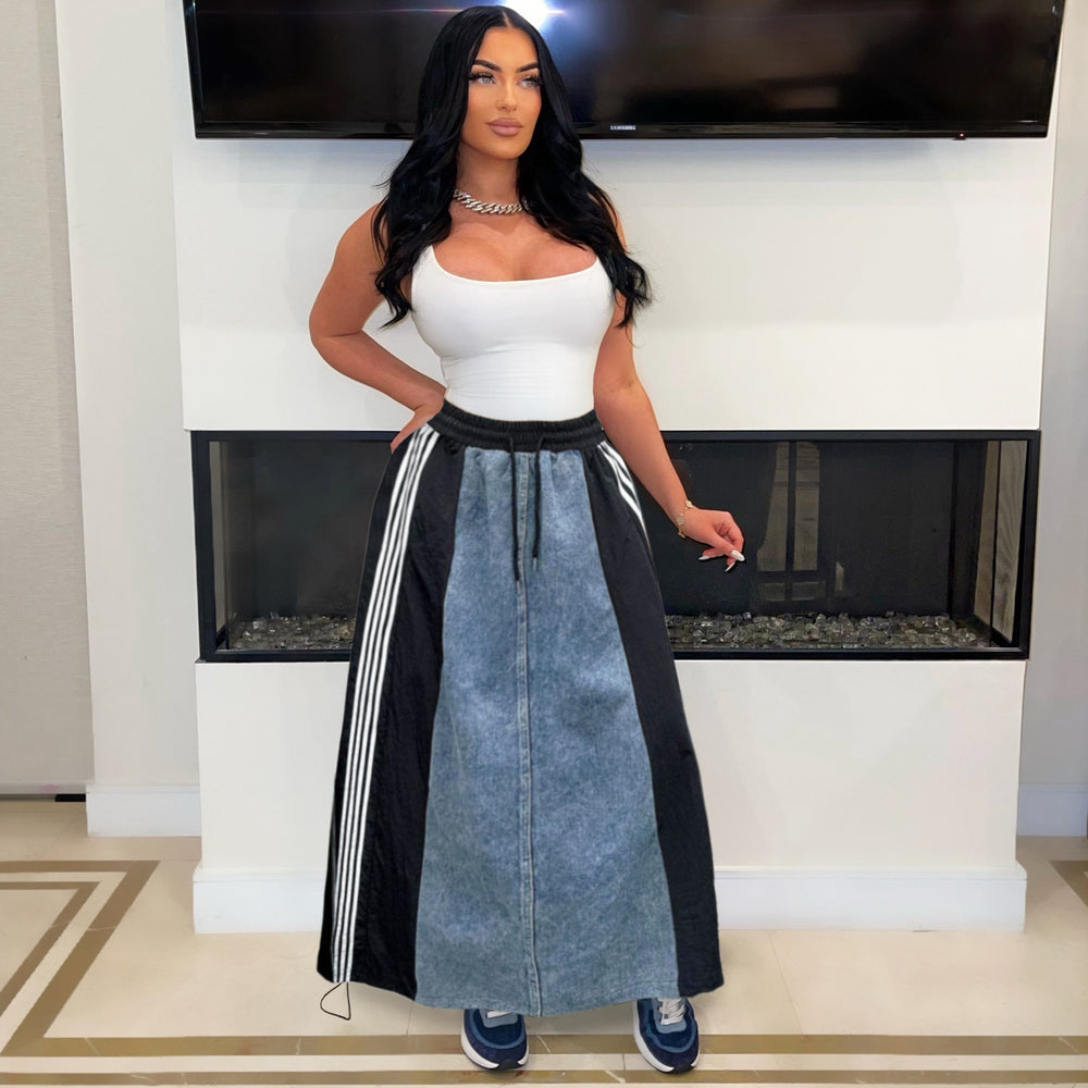autumn new arrivals: european and american style women's fashion casual striped a-line loose denim color block midi skirt