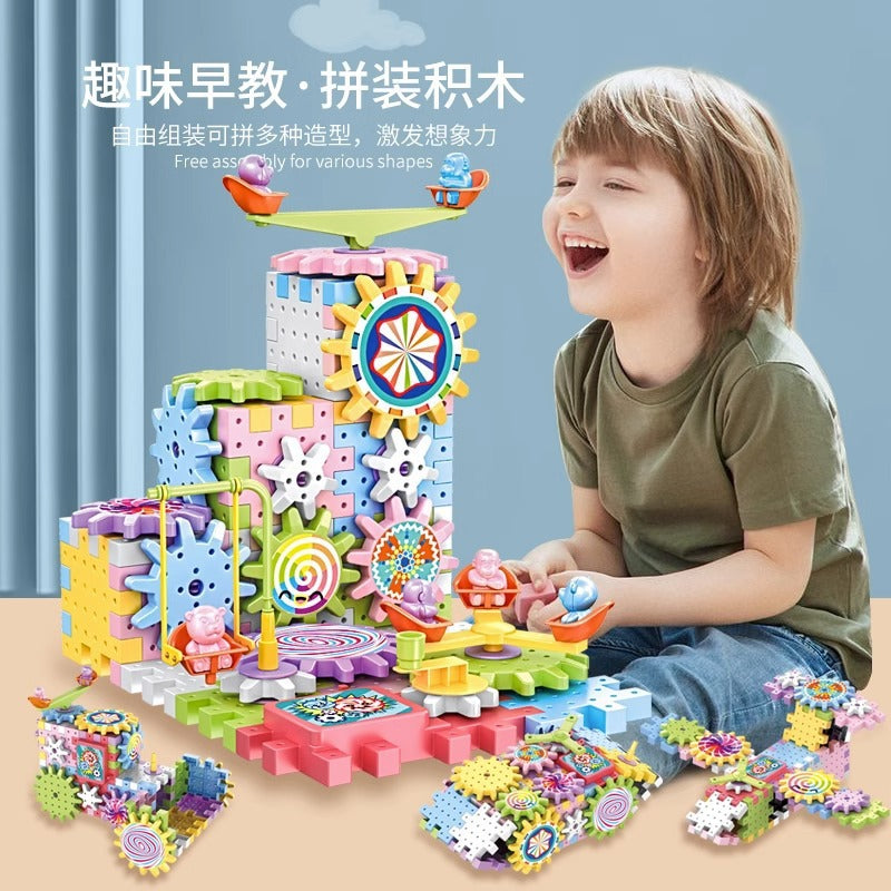 Transforming building blocks: mechanical gear interlocking children's electric track diy educational stem assembly toy - cross-border