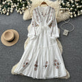Vintage-inspired, heavily embroidered, unique and elegant women's long-sleeve dress - tie-waist a-line maxi dress, slimming and tummy-concealing